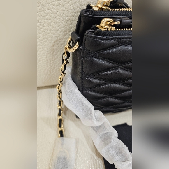 DKNY Lara Double Zip Black 100% Quilted Lamb Leather Crossbody Bag - Picture 7 of 7